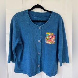 Michael Leu Collection Vibrant Blue Cardigan with Artistic Pocket City Shirt